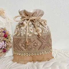 インド刺繍リボン　巾着ショルダーポーチ　小さめ④