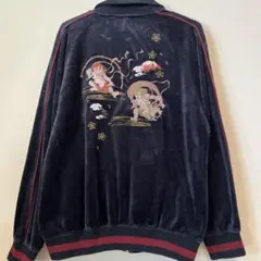 和柄 刺繍 ベロア ジャージ トラックジャケット 風神雷神 黒 L スカジャン