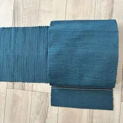 八寸名古屋帯　信州紬　中古　正絹　青　無地　カジュアル　【mm087】