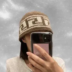 ビーニー クラッシャーハット ハンドメイド 雷紋柄 Y2K 韓国 古着のサムネイル