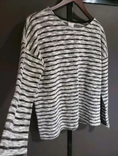 ZARA スラブボーダー長袖サマーニットトップス グレー×ブラック M