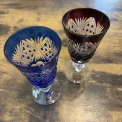 レトロ　カットガラス ワイングラスセット 2個 青赤　桐箱付き
