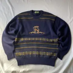 希少 00s ウール ニット ネイビー 刺繍 グランジ Y2K 平成 古着