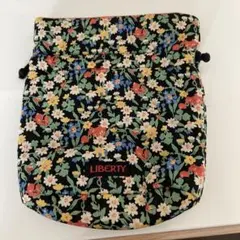 リバティ、巾着、紺ベース、花柄、中は黒、ビニール、