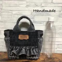 デニムリメイク☆サイドポケット付きミニトートバッグ　フリル　ブラックS