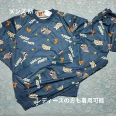 新品 メンズ M トムとジェリー総柄 長袖パジャマ 上下セット 渋紺色