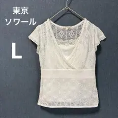 美品 東京ソワール L ホワイト 透かし編み 半袖トップス　インナー付きのサムネイル