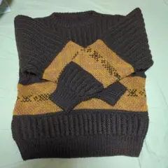 オレンジ幾何学模様ニットセーター茶色男性用