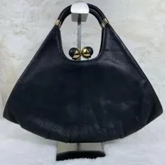 希少【ヴィンテージ】がま口 ハンドバッグ レザー シボ革 ゴールド金具 ブラック