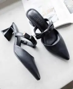 VIVIAN★ポインテッドトゥリボンストラップミュールパンプス☆ブラック★24