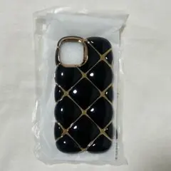 iPhone14 スマホケース キルティング ブラック 黒 ゴールド 金