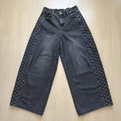 ジーンズ　デニムワイドパンツ　サイドジャガードラインデニム　レディースM 韓国