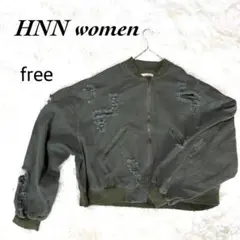 HNN women ダメージ　ブルゾン　ジャケット　カーキ　F　ミリタリー