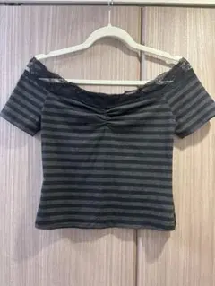 オフショルダー レース付き ストライプ Tシャツ y2k