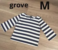 grove ボーダー　カットソー　5分袖　春夏　ネイビー　オフホワイト　トップス