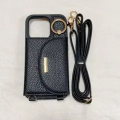 ♪iphone14 pro 背面スマホケース カード 肩掛け ショルダー 黒