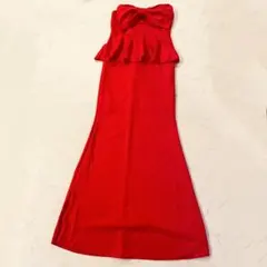 バストリボンベアトップペプラムタイトロングドレス M レッド 赤