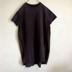 50046 異素材 切替 プリーツ ロングワンピース Tシャツワンピ 黒 韓国