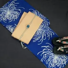 ターコイズ♪小菊に舞胡蝶☆変わり織り 大人 浴衣☆新品 浴衣セット 紺