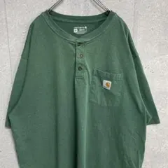 カーハート　ヘンリーネック刺繍ロゴ　胸ポケ　グリーン　ビックサイズTシャツ2XL