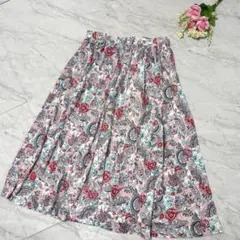 ヴィンテージ ペイズリー柄フレアスカート花柄マルチカラー上品L高見えミモレ丈春夏