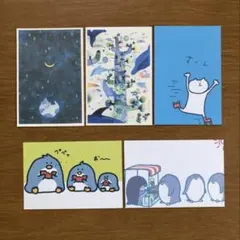 ペンギン　猫　イルカ　水彩画風　ペン画　ポストカード　ハガキ5枚セット
