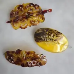 鼈甲カラー バレッタ 髪飾り 3点セット まとめ売り 着物 浴衣 和装 N1