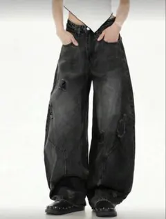 SHEIN メンズ ブラックダメージ加工バルーンデニム