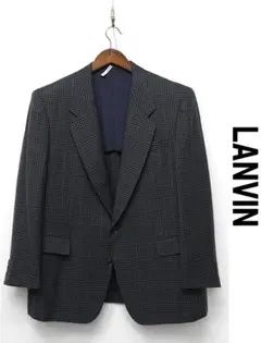 H553 LANVIN ツイード テーラードジャケット チェック XL 紺 春秋のサムネイル