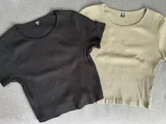 ユニクロ　ミニクロップドTシャツ　ミニ丈　ショート丈　セット売り　M 黒　カーキのサムネイル