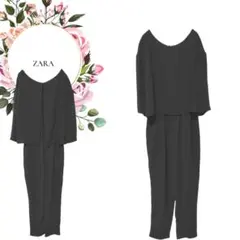 【ザラ】ZARA♡オールインワンつなぎ♡裏地上シースルウエストゴム後チャックМ黒