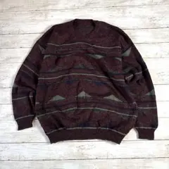 レトロ 総柄 幾何学 ウールニットセーター XL オーバーサイズ　マルチカラー