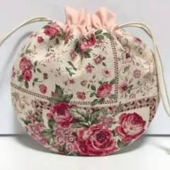 生成レッドとオールドローズ まんまる 巾着　ハンドメイド