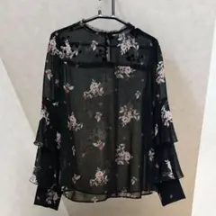 ZARA BASIC ザラ 花柄 シースルー ブラウス フリル袖 透け感 黒