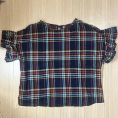ネイビー系チェック フリル袖シャツ M