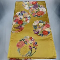 BJ32 六通柄袋帯 丸取麗花文 唐織 刺繡 四季花々 金系 箔 正絹