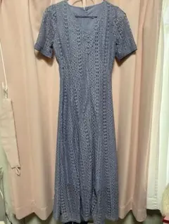 青色　レース ロングドレス 半袖