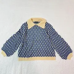 SHEIN シーイン ニット S 【36】 襟付き 柄編み ブルー×ベージュ