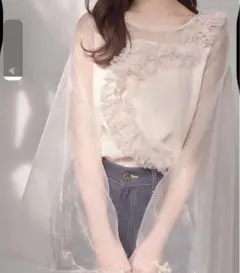 mellowneonフリル付きシフォンブラウス 長袖 クリーム色