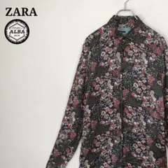 ZARA　ザラ　デザインシャツ　花柄　ボタニカル柄　レーヨン　黒　ブラック　M