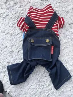 犬服 赤白ストライプ デニムオーバーオール