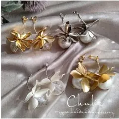 1095＊マットシルバー ゴールド 花びら パール クリア ビーズ