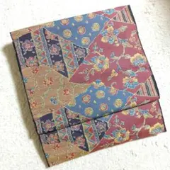 美品！【八寸 名古屋帯】紬 型絵染 手染め 花唐草 鳥 茜色 藍色 萌葱色 正絹 美品！【八寸 名古屋帯】紬 型絵染 手染め 花唐草 鳥 茜色 藍色 萌葱色