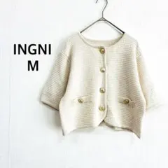 【イング】半袖 カーディガン ニット M ホワイト 通勤 デート 羽織 金ボタン
