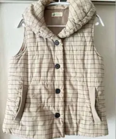 ベージュ チェック柄ダウンベスト Mサイズ 中綿