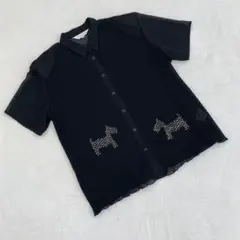 MAPLECINQ シャツ 半袖 犬柄プリント プリーツ 黒 7R 黒 ブラック