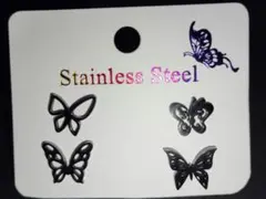 蝶 黒 ステンレス ピアス 片耳用 4個セット