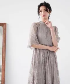 美品✨niana ハイネック総レース5分袖結婚式ワンピースドレス