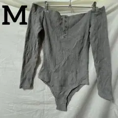 海外古着✨️グレー リブ 【M】長袖 ボディスーツ オフショルダー シンプル