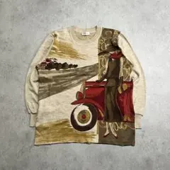 vintage 総柄 デザインニット 絵画風 ベージュ 薄手 セーター アート